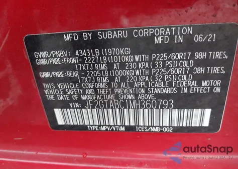 2021 Subaru Crosstrek из США, поврежденный, VIN JF2GTABC1MH360793